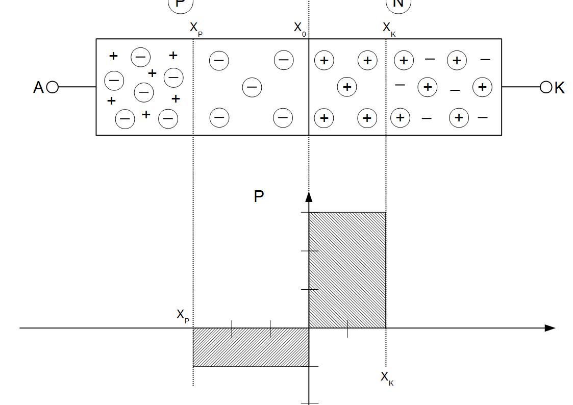 Man kann die Raumladungszonen in einer vereinfachten grafischen Darstellung beschreiben. Die beiden Flächen sind gleich groß. Ein Bereich mit einer geringeren Ladungsdichte, ist also entsprechend breiter. Die Ladungen sind im Gleichgewicht (Qp = Qn).